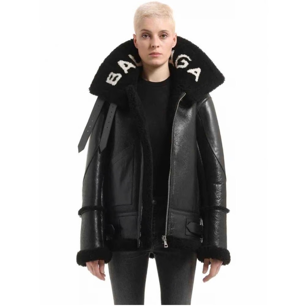 Balenciaga Leather Logo Shearling Coat